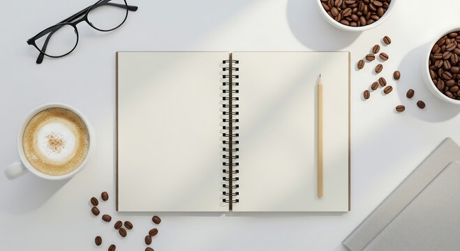 Open notebook with coffee glasses and coffee beans on a clean workspace setup