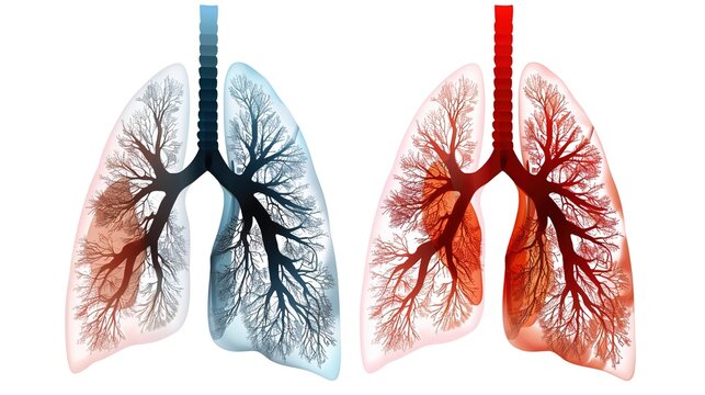 Chronic Obstructive Pulmonary Disease COPD medical concept, human lung anatomy comparison of healthy and damaged respiratory organs, emphysema chronic bronchitis respiratory disorder healthcare illust