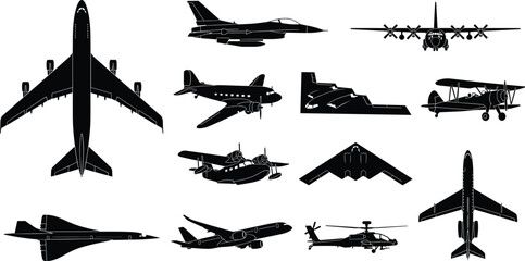 Aviation Silhouette Collection Featuring Military Jets Commercial Airplanes Helicopter Stealth Bomber and Vintage Aircraft Isolated on White Background © MDMEHEDI