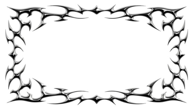 Chrome neo tribal rectangular frame border. Metallic symmetrical Y2K spiked ornament and cyber tattoo lines in glossy silver style. Render transparent background