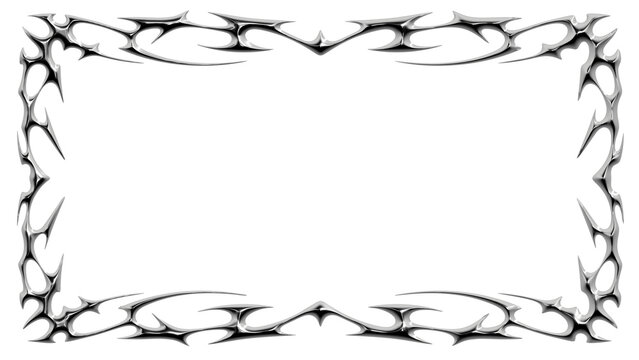Chrome neo tribal rectangular frame border. Metallic symmetrical Y2K spiked ornament and cyber tattoo lines in glossy silver style. Render transparent background