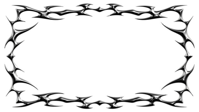 Chrome neo tribal rectangular frame border. Metallic symmetrical Y2K spiked ornament and cyber tattoo lines in glossy silver style. Render transparent background