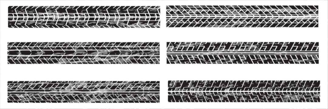 Tire prints, grunge offroad car tyres track, isolated vector marks. Bike race, vehicle, transportation dirty wheels trace. Rubber tires , automobile or bicycle drag. Monochrome graphic prints set