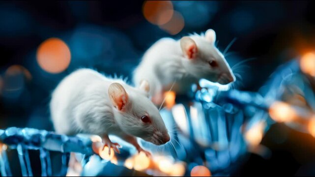 Two tiny glowing white mice perched on DNA helix create surreal biotechnology and laboratory research concept