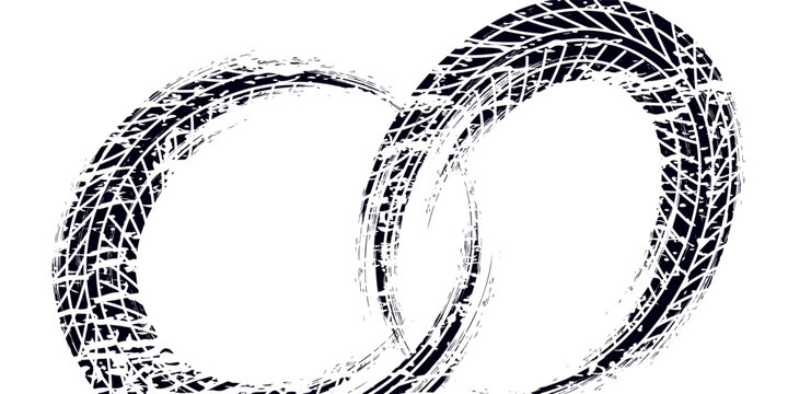 Black tire marks on road, Black rubber tire marks and tread marks, Tire trace track wheels texture and background, Auto tire tread grunge, Car wheel tyre tread track black tyre print, Top view.