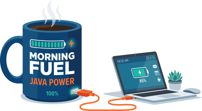 Morning Fuel Java Power concept vector, coffee mug charging laptop with USB cable, caffeine energy and productivity metaphor for office work