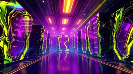 Fototapeta premium Futuristic corridor glows with vibrant neon lights. Geometric patterns dominate walls, floor creating immersive space. Dark background emphasizes luminosity.