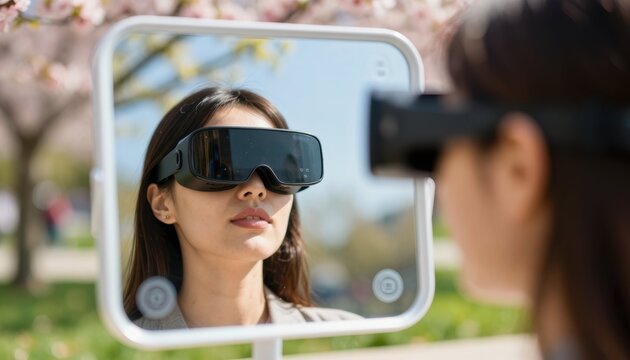 Innovative virtual reality experience outdoor park photo springtime close-up futuristic technology