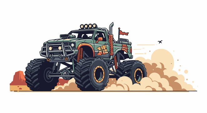 Pixel art monster truck driving through desert dust