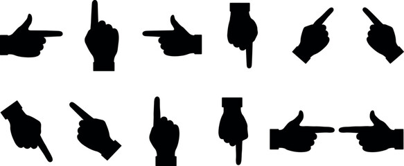 hand gesture icons pointing in different directions silhouette set, finger pointing hand symbols collection for navigation and interface, directional hand pointer icons set with multiple gesture  © craft_art