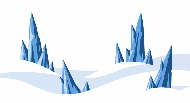 Pixelated ice formations rise from rolling snowdrifts against a white background
