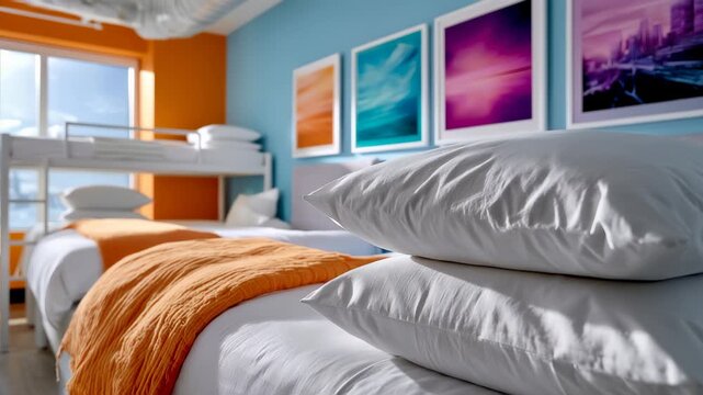 Bright modern dormitory room with bunk beds, white pillows, orange accents, and colorful wall art for hostel accommodation