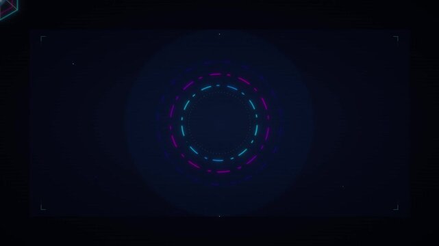 Neon circle animation, glowing purple blue light, futuristic technology background, motion graphics element