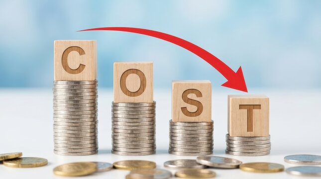 Financial cost reduction concept shown by declining coin stack and red arrow