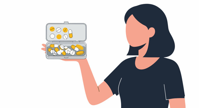 Person holding open pillbox with various pills and capsules