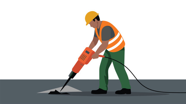 A construction worker dressed in a safety orange vest and yellow hard hat uses a heavy electric jackhammer to break up a dark gray paved surface in a clean, flat style.
