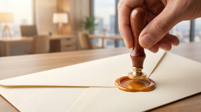 Close-up of a hand sealing a cream-colored envelope with a traditional wax stamp
