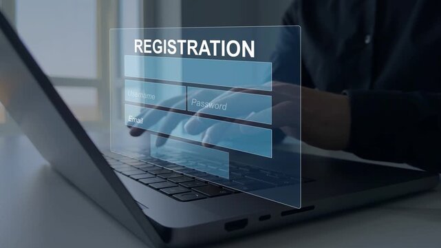 Online registration form on laptop for creating user account, sign up with personal information, secure login, digital application, web technology, enrollment and business concept.