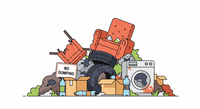 Pile of discarded household items including a washing machine and furniture
