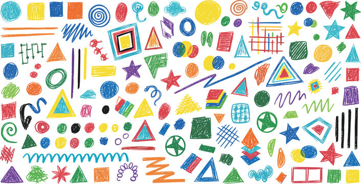 Large collection of colorful hand drawn geometric shapes stars circles and squiggles with crayon texture isolated on white background vector illustration.