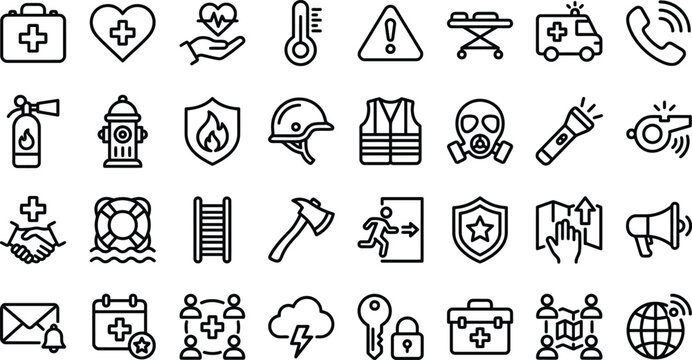 Emergency services and safety line icons set healthcare disaster and communication symbols