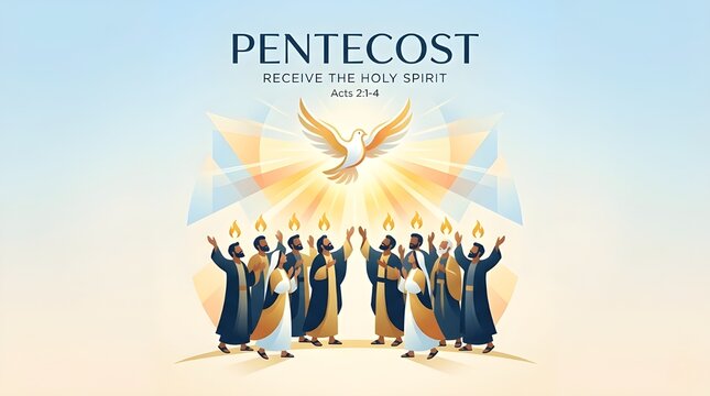 Pentecost Sunday Christian Illustration, Holy Spirit Descending as a Dove with Tongues of Fire, Religious Celebration Banner with Elegant Golden Ornaments