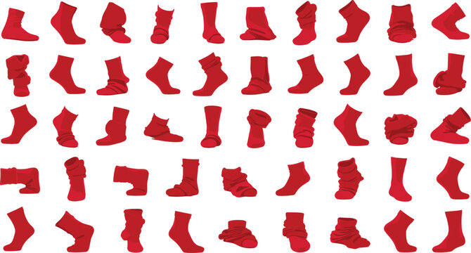 Grid layout of various red socks displayed in different shapes folds and positions isolated on a solid white background perfect for winter apparel clothing concepts