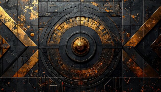 Abstract dark stone wall texture with intricate golden circular mechanical design elements and geometric patterns for luxury architectural design.