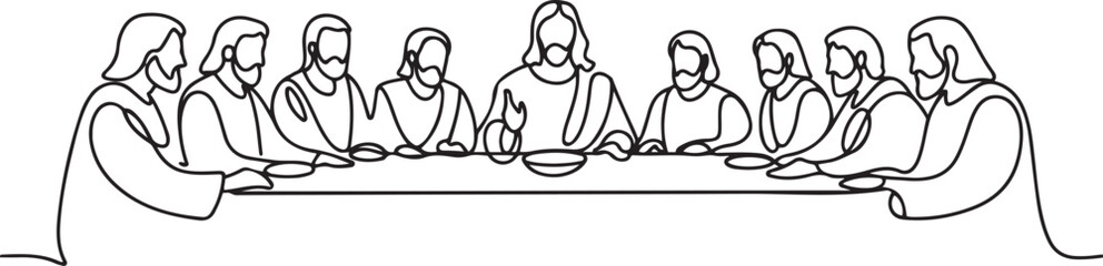Obraz premium continuous line of jesus in the last supper.a group of people gathered around a long table.one line drawing of religious themes. one line icon drawing vector
