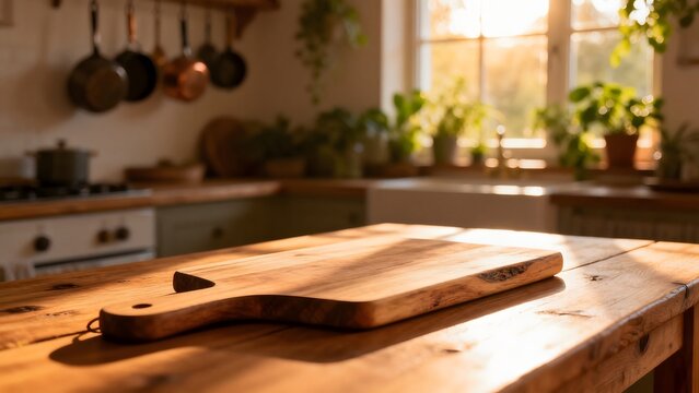 Wooden cutting board in kitchen with sunlight