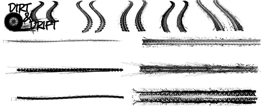 Vector set of black tire tracks, dirty wheel marks and drift elements