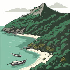 tropical beach landscape vector illustration with boats and lush vegetation © shahin9