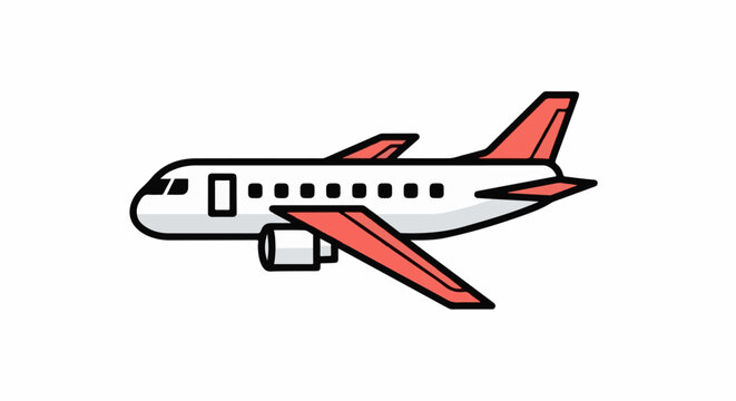 Side view cartoon airplane with white body, black windows, and coral accents