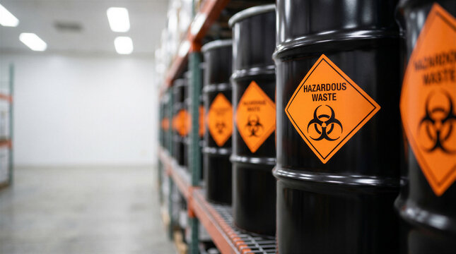 Rows of black industrial barrels with orange biohazard warning labels stored on metal shelving in a warehouse facility