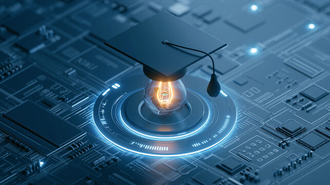 A graduation cap sits on a glowing light bulb on a circuit board background