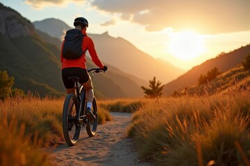 Fototapeta premium E-bike Adventure: Female Cyclist Explores Mountain Trails at Sunrise