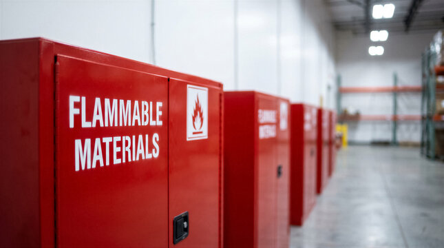 Row of red safety cabinets for flammable materials in a warehouse storage facility