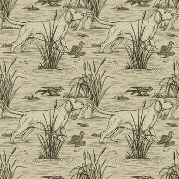 Vintage etched style seamless pattern of dogs in a tall grass field