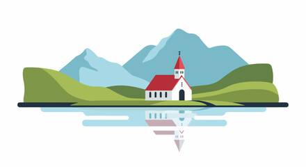 Obraz premium Serene landscape with a white church and red roof, against mountains and water