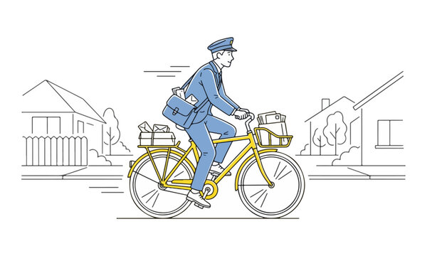 Postman riding bicycle delivering mail in suburban neighborhood