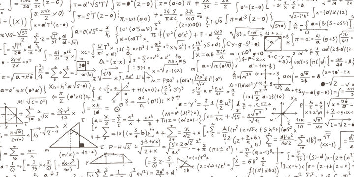 Hand drawn complex mathematical formulas physics equations and geometric shapes on white background vector illustration.