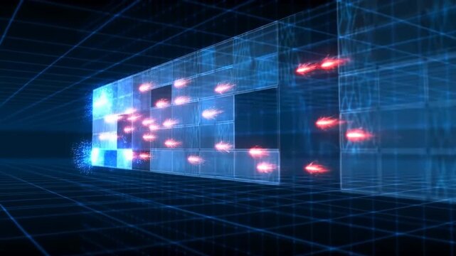 Tracking shot of digital particles flowing through translucent data grid and network corridor in virtual space