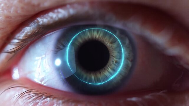 Tracking shot close up of human eye with digital scanning ring rotating across iris in clinical lab examination room