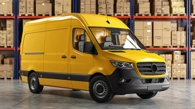 A bright yellow van parked in a warehouse with shelves of cardboard boxes