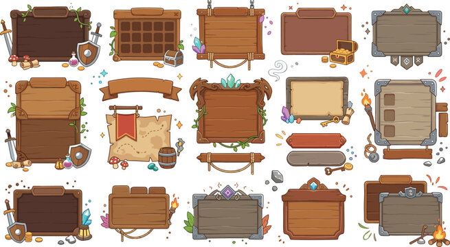 Fantasy RPG Wooden Interface Collection with Medieval Game Panels, Adventure Menu Frames, and Cartoon Treasure UI Elements Vector Set