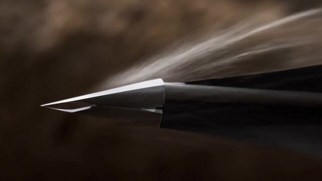 Tracking shot of arrow tip flying through air across blurred woodland background during daytime