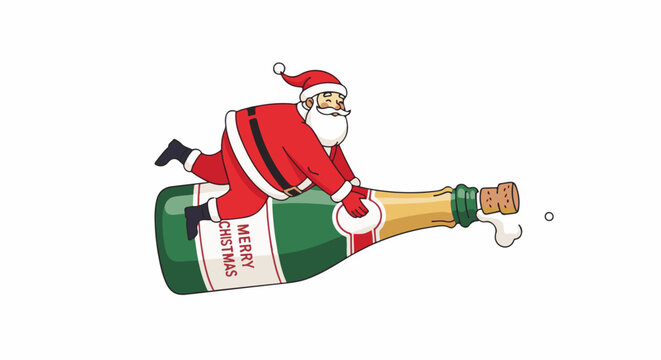Santa rides a bubbly champagne bottle celebrating holiday cheer