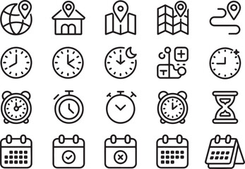 Fototapeta premium Set of simple black line icons for navigation time and calendar planning