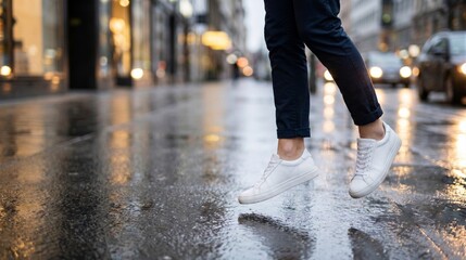 Fototapeta premium Person jumping in white sneakers on a wet city street at dusk, capturing a sense of freedom and urban lifestyle in motion