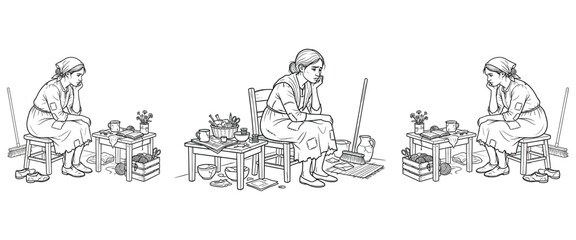 Obraz premium Three line art drawings of a sad, tired woman in an old dress, sitting at a table with household items, evoking poverty.